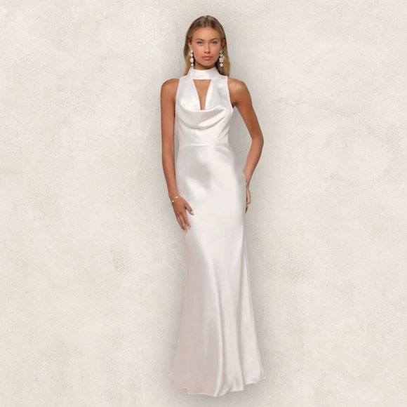 Lulus Dresses & Skirts - NEW Lulus Gorgeous Vow White Satin Mock Neck Cowl Mermaid Maxi Dress Med. #1552